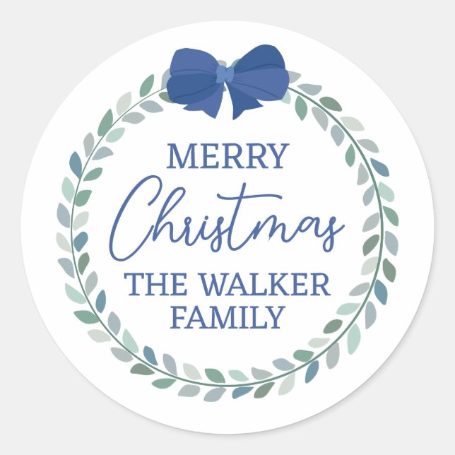 Blue Bow-Adorned Wreath Merry Christmas Classic Round Sticker (Front)