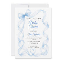 Blue Bow and Heart Baby Boy Shower Invitation