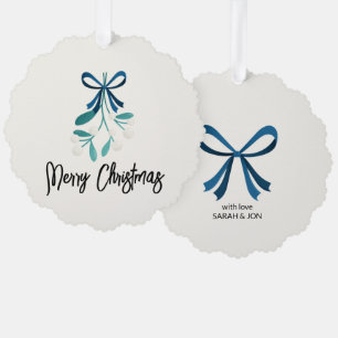 Blue Bow and Mistletoe Ornament Card