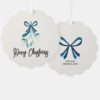 Blue Bow and Mistletoe Ornament Card