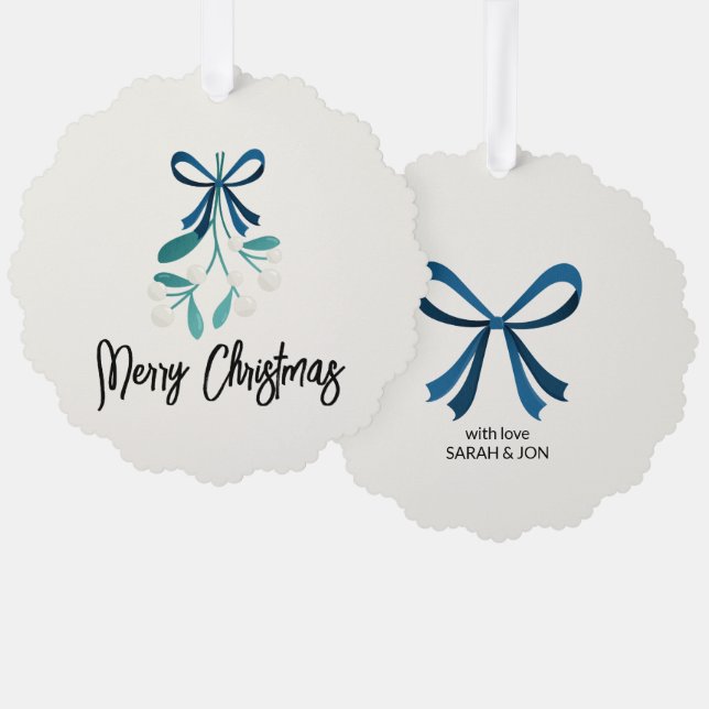 Blue Bow and Mistletoe Ornament Card (Front/Back)
