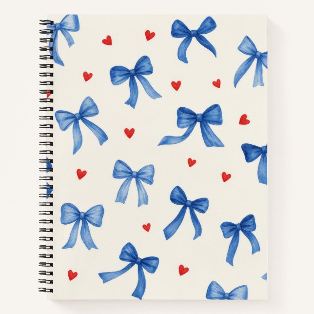 Blue Bow and Red Heart Pattern Notebook (Front)