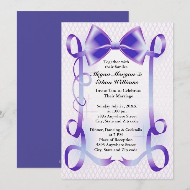 Blue Bow and Ribbon Border Wedding Invitation (Front/Back)