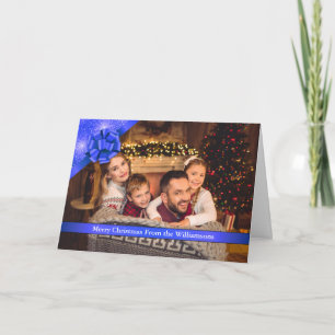 Blue Bow and Ribbon Merry Christmas Photo Holiday Card