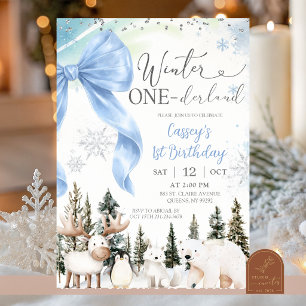 BLUE BOW Arctic Animal Winter One-derland Birthday Invitation