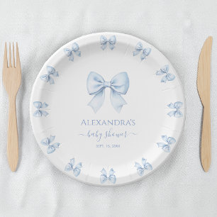 Blue Bow Baby Boy Shower Cute Coquette Watercolor Paper Plate