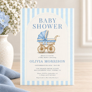 Blue Bow Baby Carriage Boy Baby Shower Invitation