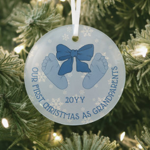 Blue Bow Baby Feet Grandparents First Christmas Glass Ornament