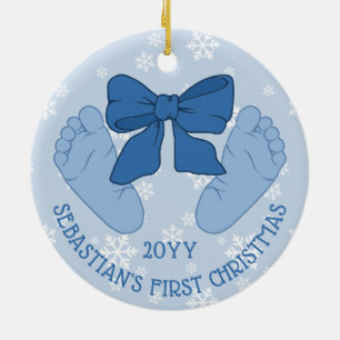 Blue Bow Baby Feet Photo Son's First Christmas Ceramic Ornament