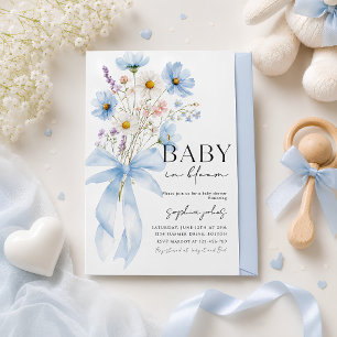 Blue Bow Baby in Bloom Boy Baby Shower Invitation