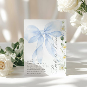 Blue Bow Baby in Bloom floral Baby boy shower Invitation