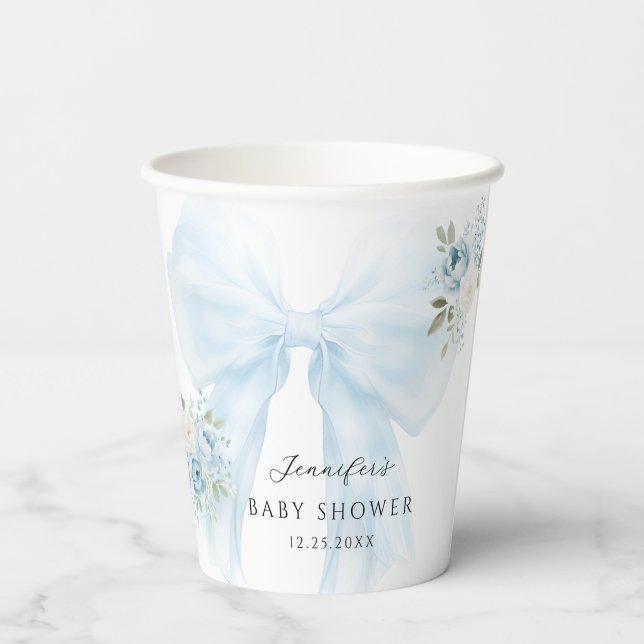 Blue Bow Baby in Bloom Floral Baby Boy Shower Paper Cups (Back)