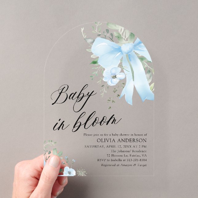 Blue Bow Baby in Bloom Floral Boy Arch Baby Shower Acrylic Invitations (Insitu (Handheld))