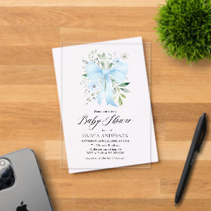 Blue Bow Baby in Bloom Floral Boy Baby Shower Acrylic Invitations