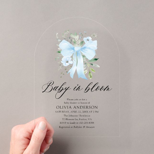 Blue Bow Baby in Bloom Floral Boy Baby Shower Acrylic Invitations (Insitu (Handheld))