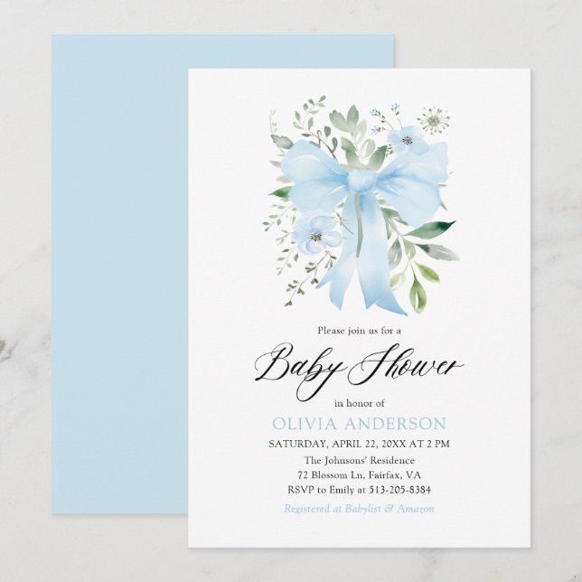 Blue Bow Baby in Bloom Floral Boy Baby Shower Invitation (Front/Back)