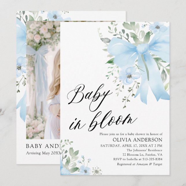 Blue Bow Baby in Bloom Floral Boy Baby Shower Invitation (Front/Back)
