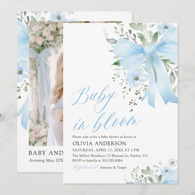 Blue Bow Baby in Bloom Floral Boy Baby Shower Invitation (Front/Back)