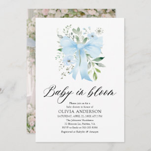 Blue Bow Baby in Bloom Floral Boy Baby Shower Invitation