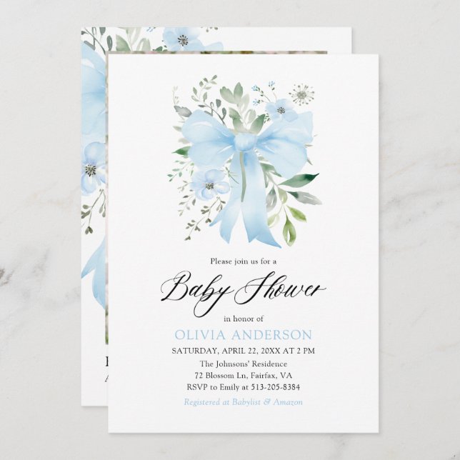 Blue Bow Baby in Bloom Floral Boy Baby Shower Invitation (Front/Back)