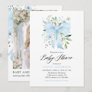 Blue Bow Baby in Bloom Floral Boy Baby Shower Invitation