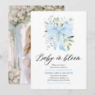 Blue Bow Baby in Bloom Floral Boy Baby Shower Invitation