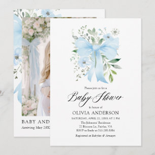 Blue Bow Baby in Bloom Floral Boy Baby Shower Invitation