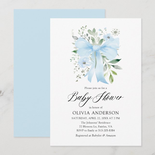 Blue Bow Baby in Bloom Floral Boy Baby Shower Invitation (Front/Back)
