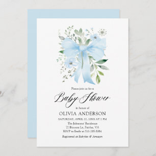Blue Bow Baby in Bloom Floral Boy Baby Shower Invitation