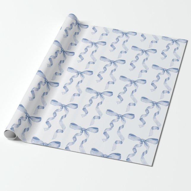 Blue Bow Baby or Bridal Shower, Birthday Party Wrapping Paper (Unrolled)
