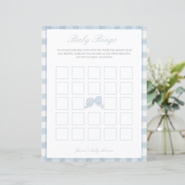 Blue bow baby shower bingo game (Standing Front)