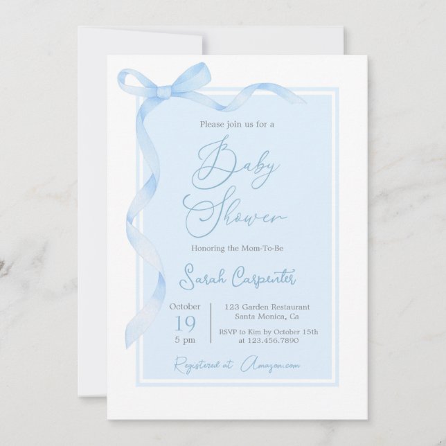 Blue Bow Baby Shower Boy Invitation (Front)