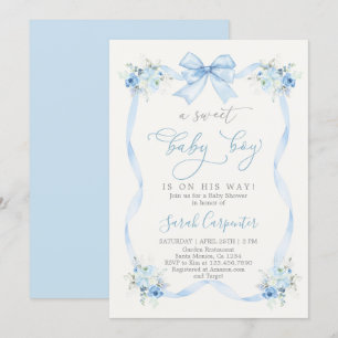 Blue Bow Baby Shower Boy Invitation