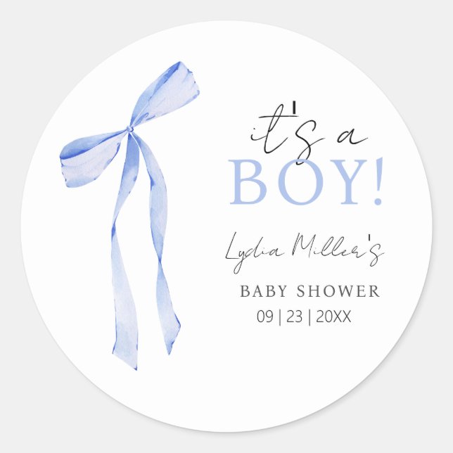 Blue Bow Baby Shower Invitation, Boy Baby Shower Classic Round Sticker (Front)