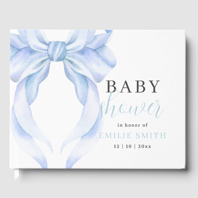 Blue Bow Baby Shower Invitation, Boy Baby Shower Guest Book (Front)