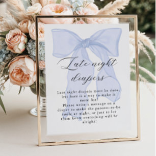 Blue Bow Baby Shower Late night diapers Poster