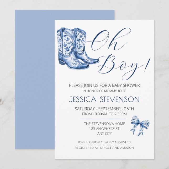 Blue Bow Baby Shower Watercolor  Invitation (Front/Back)
