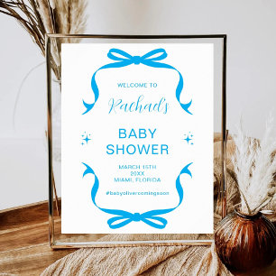 Blue Bow Baby Shower Welcome Minimal 1st Birthday Poster