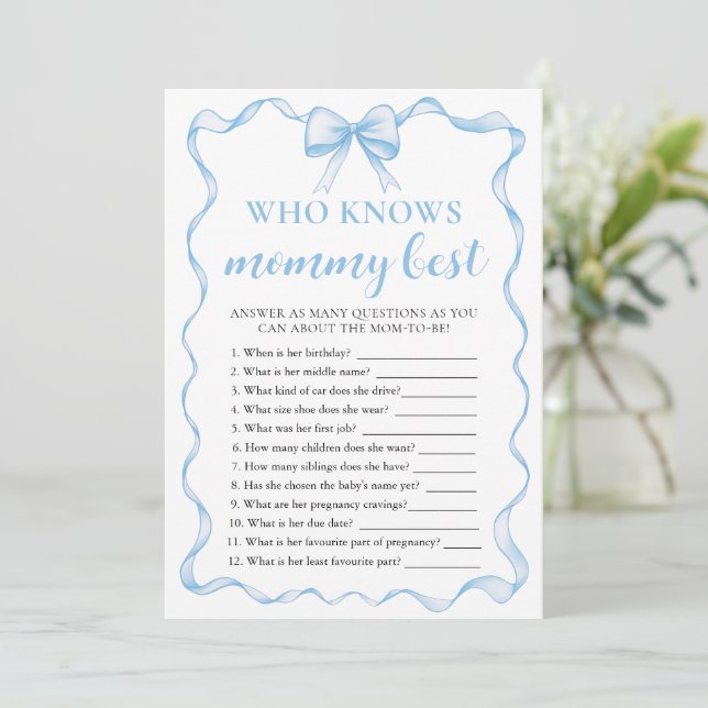 Blue Bow Baby Shower Who Knows Mommy Best Game Invitation (Standing Front)