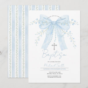 Blue Bow Baptism Boy Christening with Cross Invitation