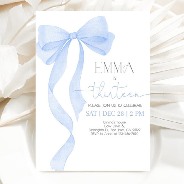 Blue Bow Birthday Invitation Any Age, Coquette Gir (Creator Uploaded)