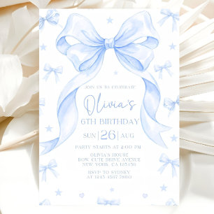 Blue Bow Birthday Invitation, Girl Blue Birthday Invitation