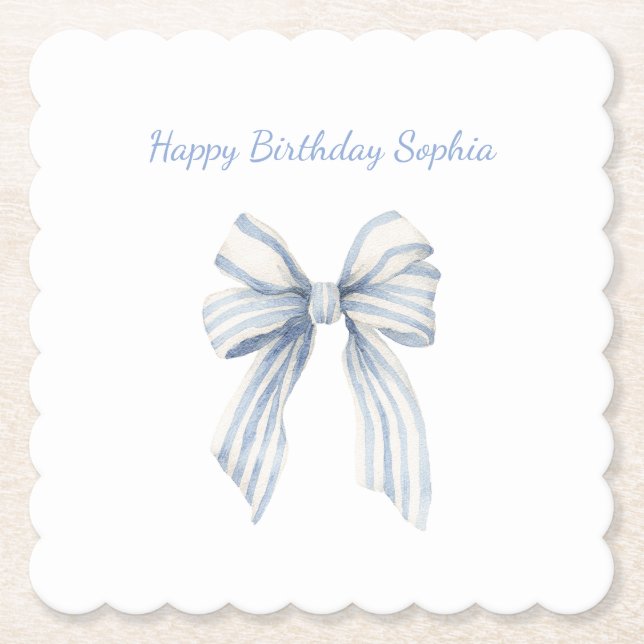 Blue Bow Birthday Paper Coaster (Front)