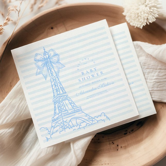 Blue  Bow Bonjour Bebe Baby Shower Napkin (Creator Uploaded)