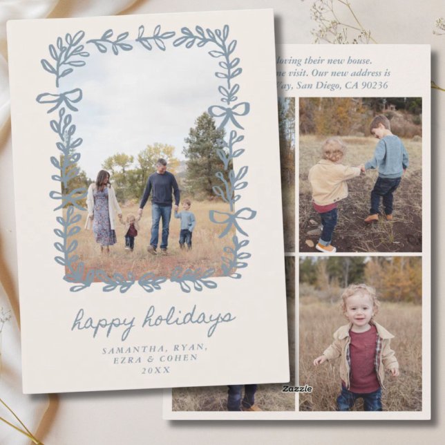 Blue Bow Botanical Happy Holidays 5 Photo & Text Holiday Card (Creator Uploaded)