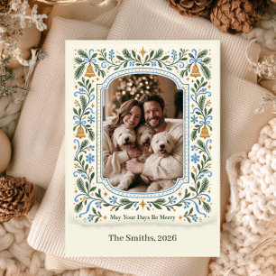 Blue Bow Botanical Photo Christmas Holiday Card