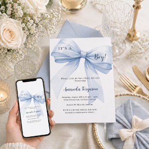 Blue bow boy Baby Shower Invitation
