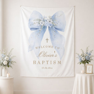 Blue Bow Boy Baptism Backdrop Tapestry
