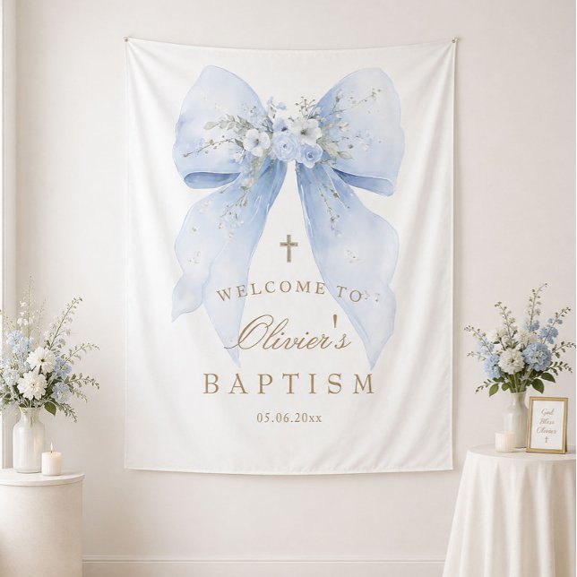 Blue Bow Boy Baptism Backdrop Tapestry (Creator Uploaded)