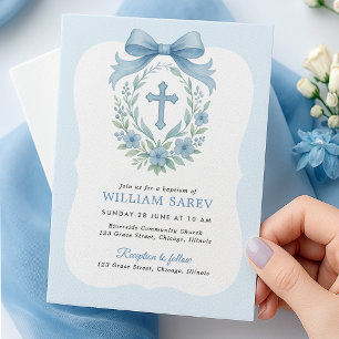 Blue Bow Boy Baptism Invitation with Cross Wreath